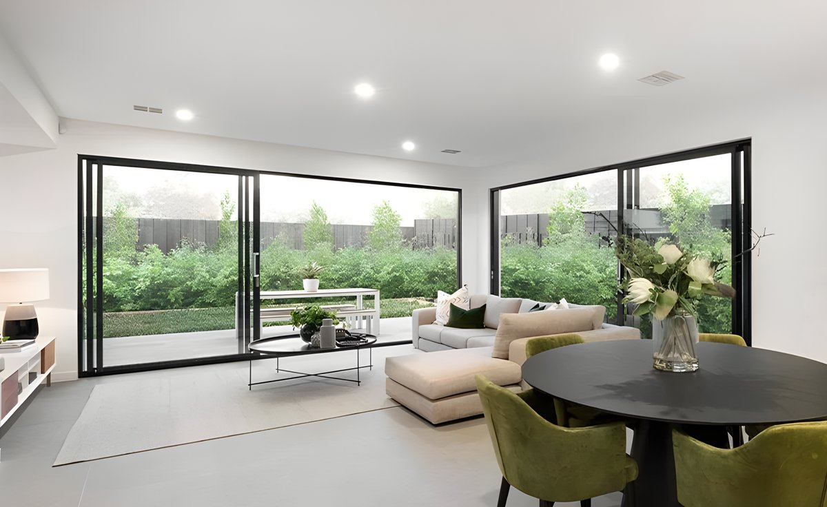 Thermal break aluminum sliding door opening onto a patio