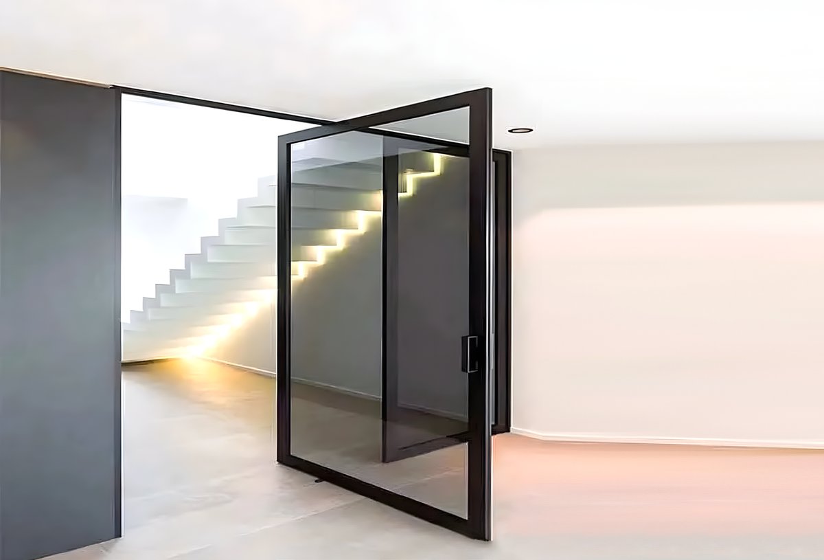 Architectural aluminum pivot door forming a grand entrance