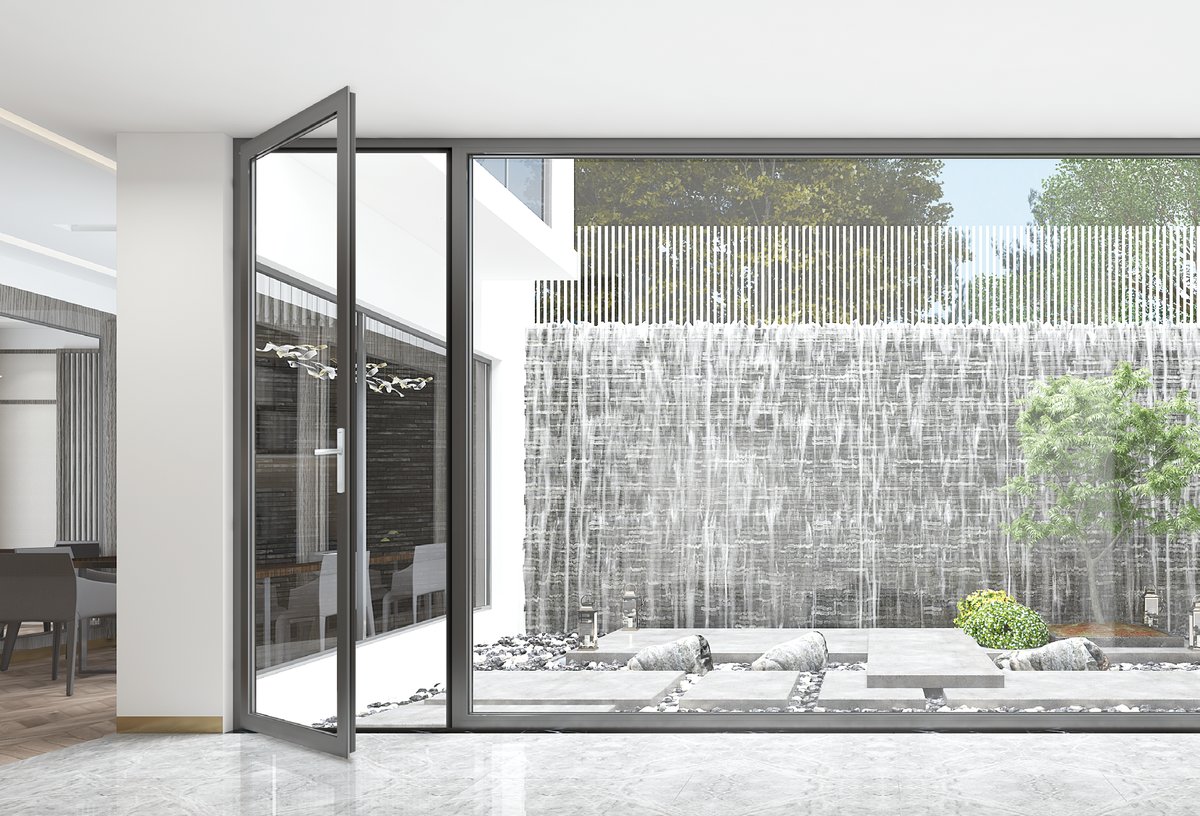 Hinged exterior aluminum casement door facing a water feature